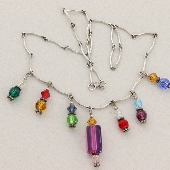 Sterling Silver Beaded Multi Color Necklace 16 inch Chain - Picture 8 of 10